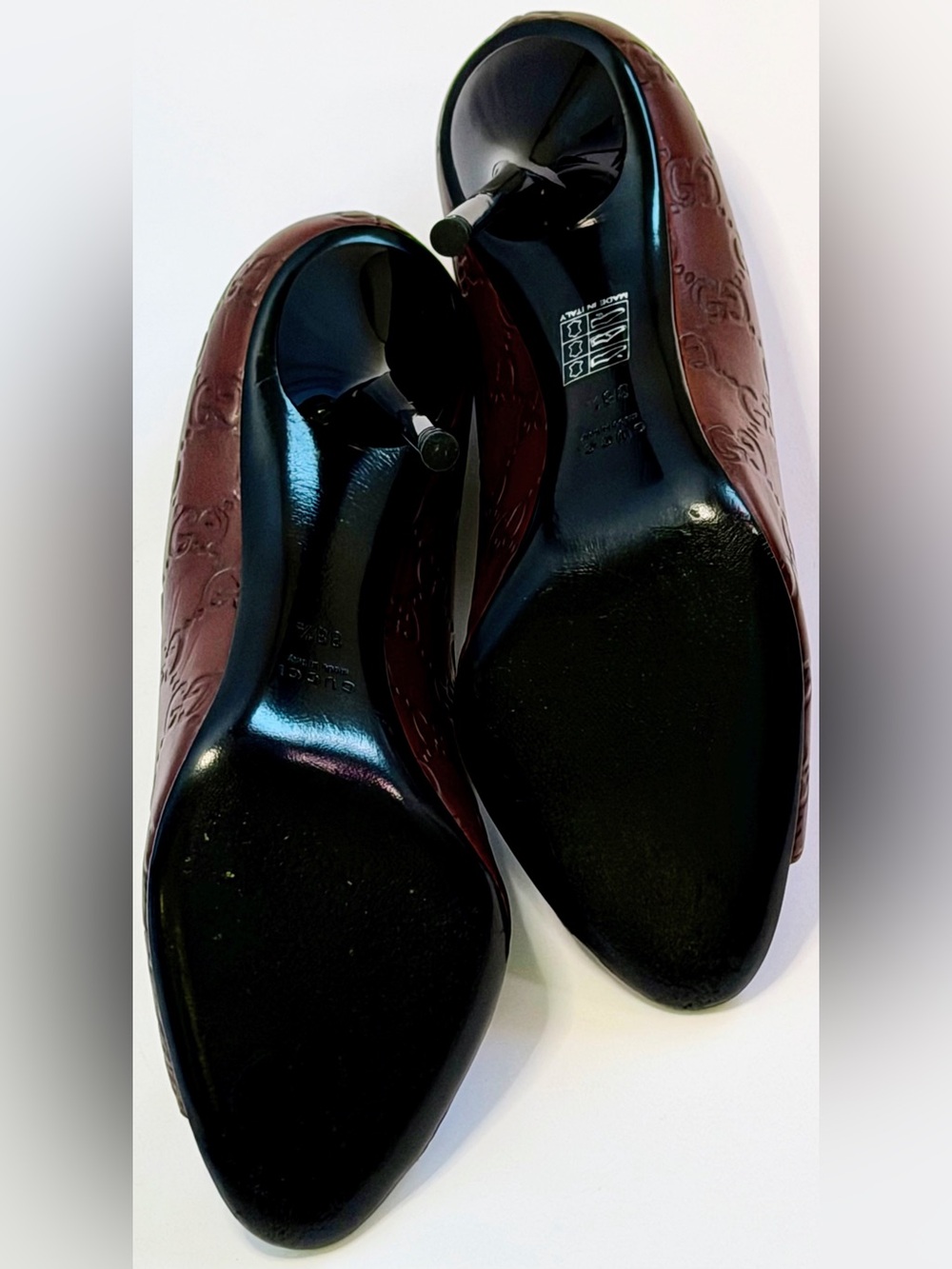 Gucci Aleppo Maroon Guccissima Embossed Leather Peep Toe Stiletto Pumps 38.5 - Picture 8 of 10